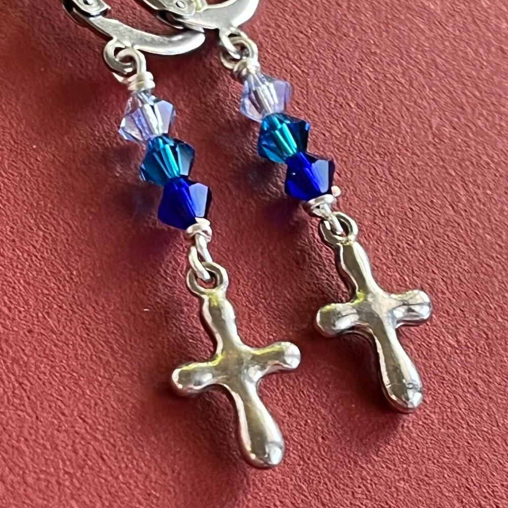 Ombre Blue Swarovski Crystal Dangle Earrings | Silver Cross Charm Earrings